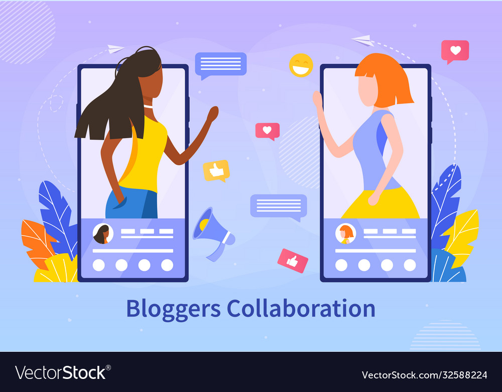 Blogger collaboration concept with mobile devices vector image Blogger collaboration concept with mobile devices