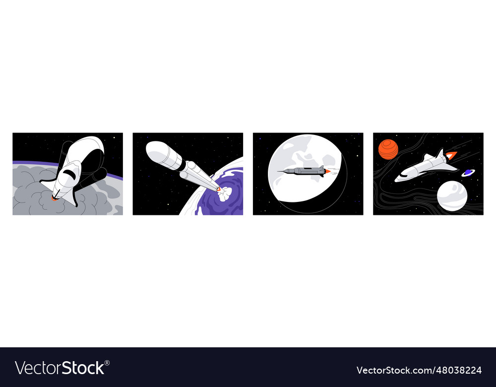 Rocket launch in the space set spaceship vector image Rocket launch in the space set spaceship