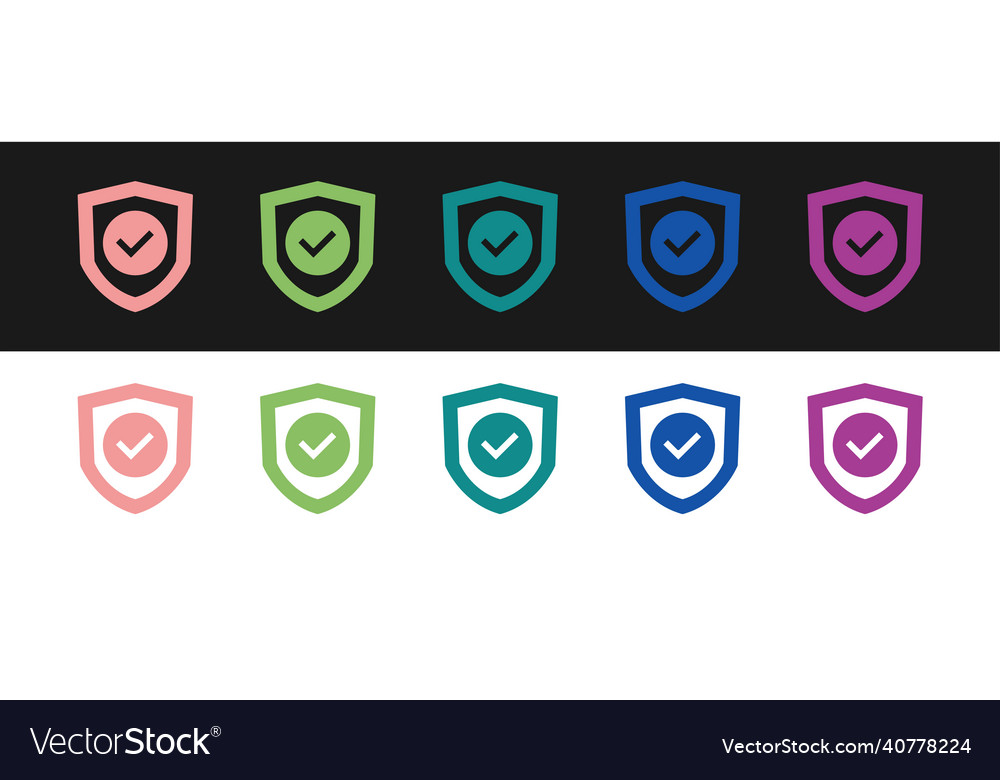 Set shield with check mark icon isolated on black vector image Set shield with check mark icon isolated on black
