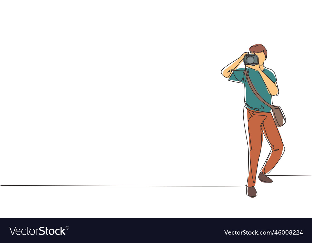 Single continuous line drawing man with camera vector image Single continuous line drawing man with camera