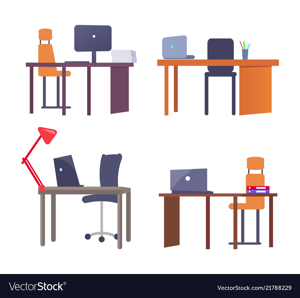 Set of work places with tables computer devices vector image Set of work places with tables computer devices