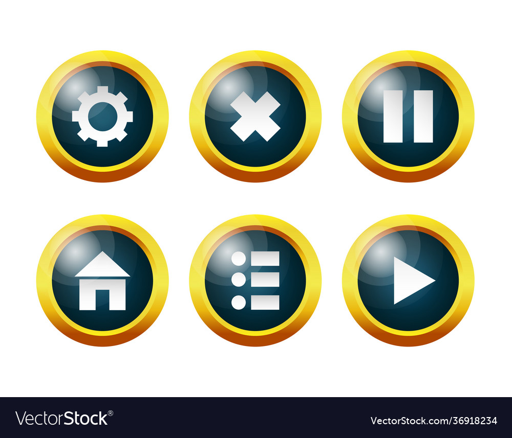 Glass buttons settings menu home pause continue vector image Glass buttons settings menu home pause continue