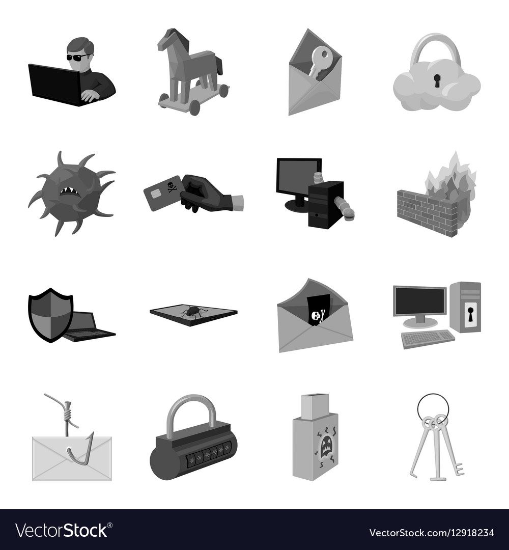 Hackers and hacking set icons in monochrome style