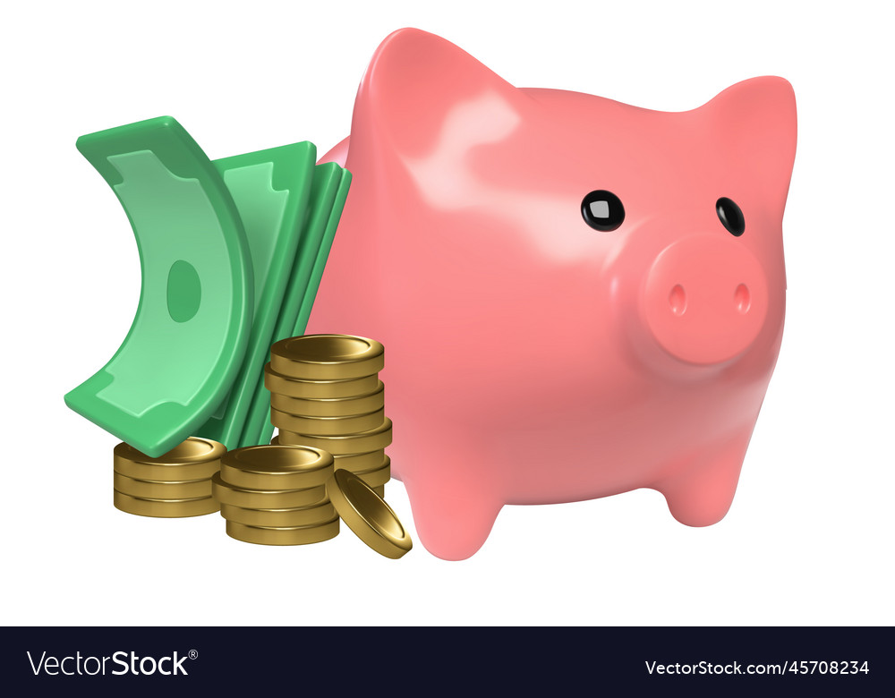 Realistic piggy bank with gold coins and green