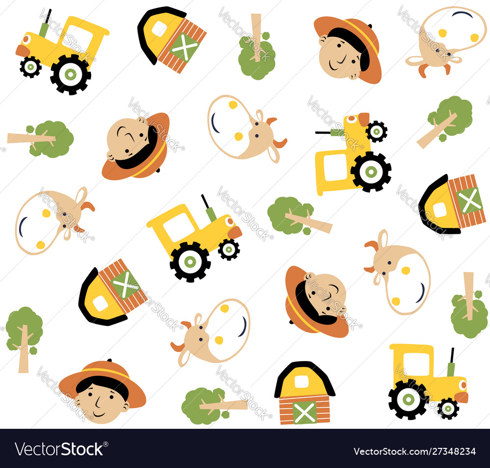 Seamless pattern with farm life farmer tractor