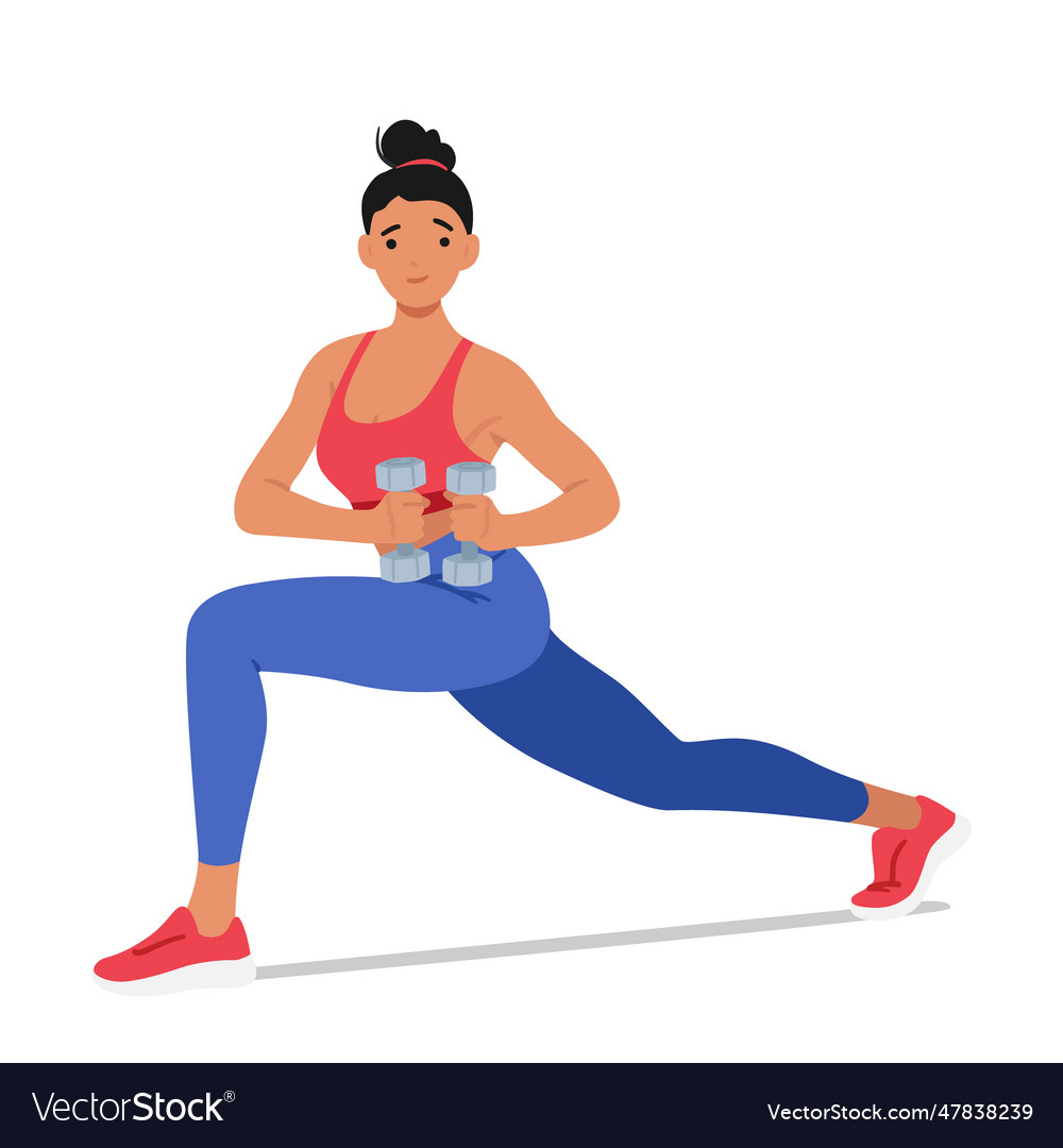 Fit woman performs lunges while holding dumbbells