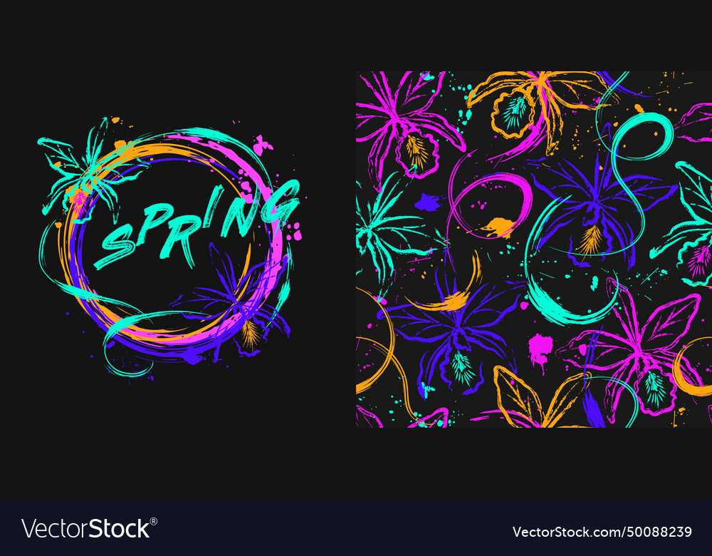 Fluorescent pattern circle label with orchids vector image Fluorescent pattern circle label with orchids