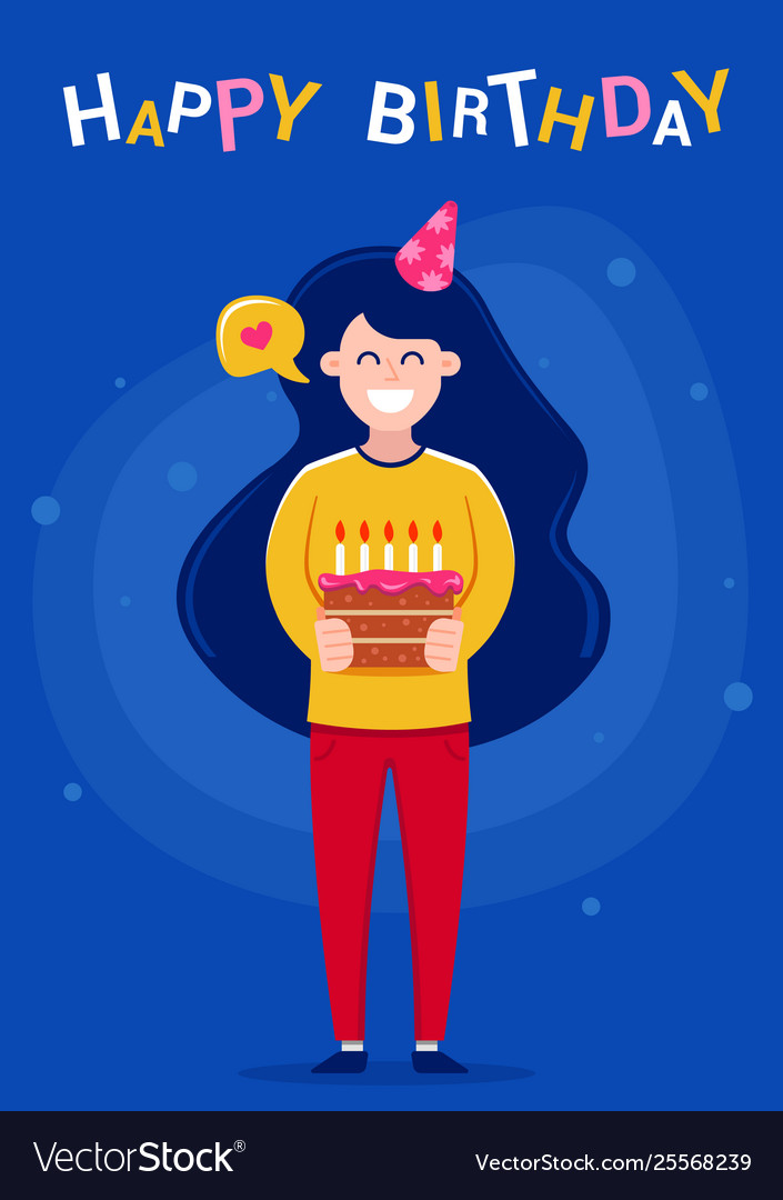 Happy birthday greeting card girl holding a cake Vector Image