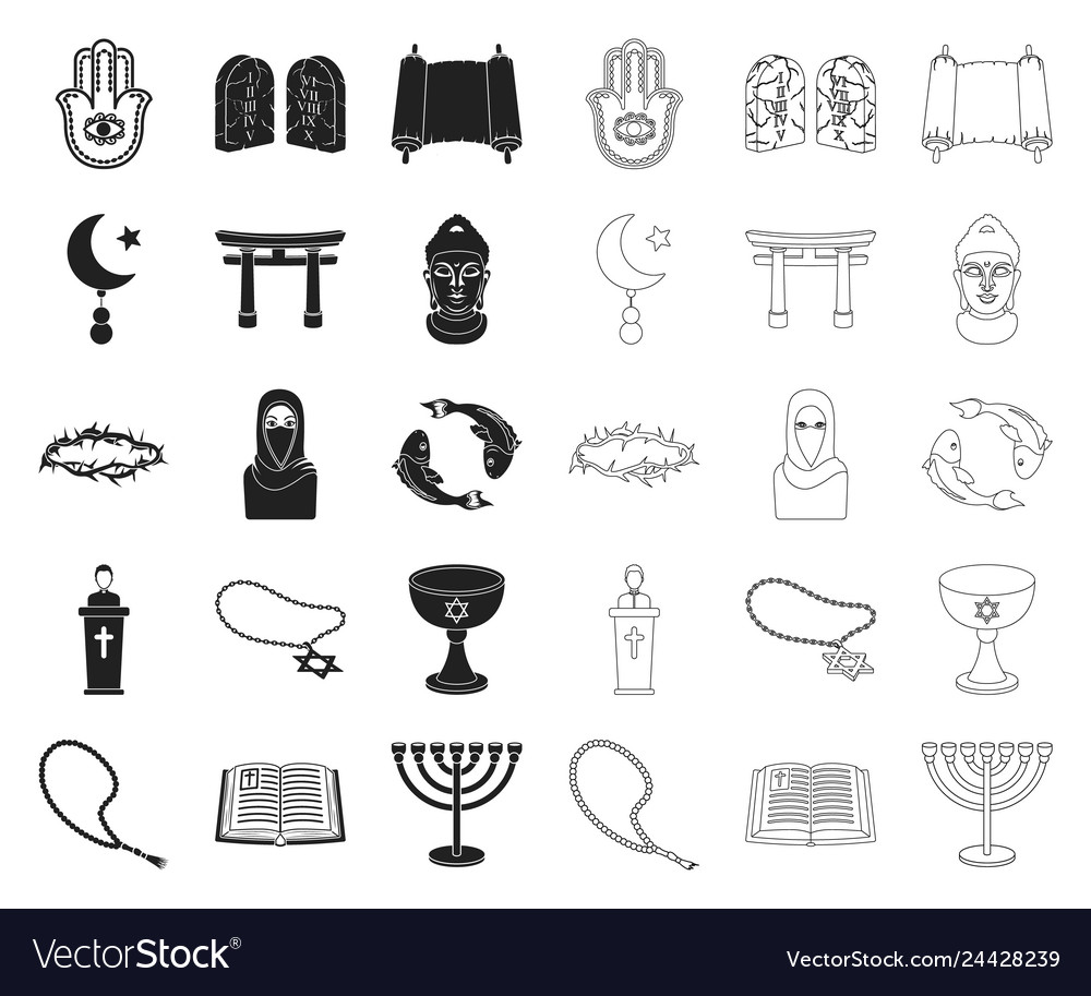 Religion and belief blackoutline icons in set