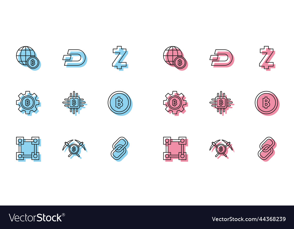 Set line blockchain technology crossed pickaxe vector image Set line blockchain technology crossed pickaxe