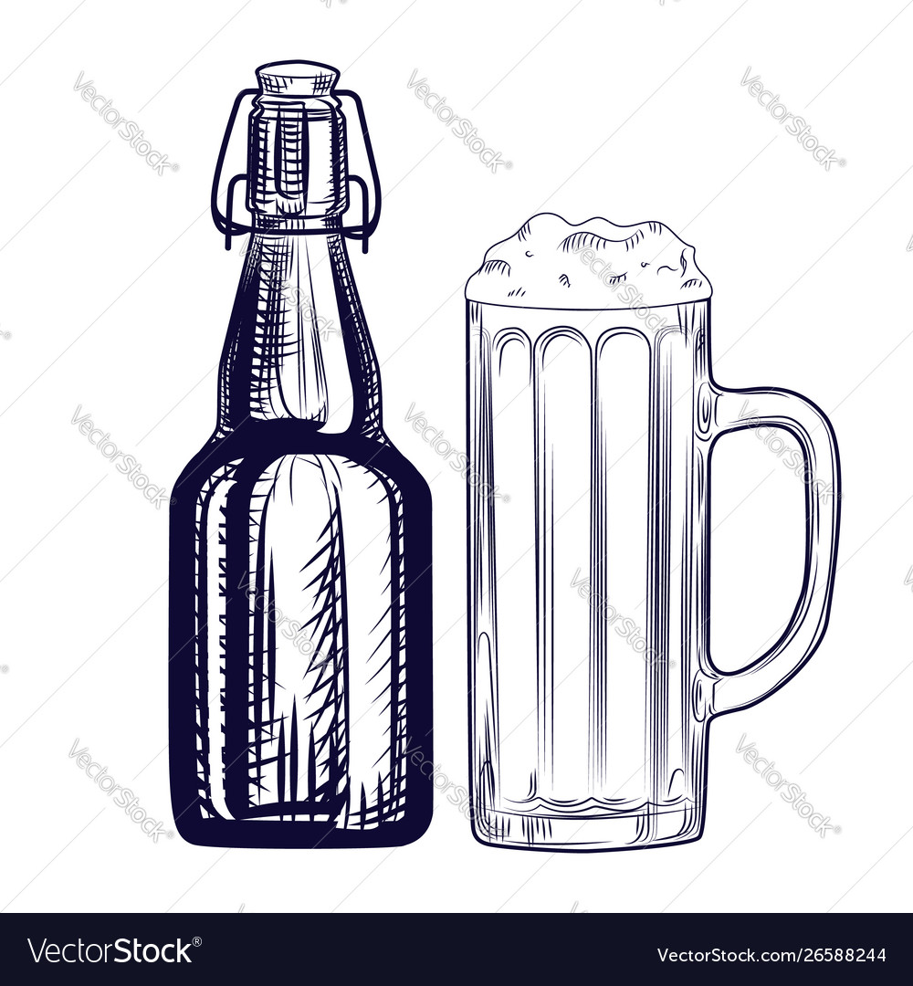 Beer bottle and mug engraving style