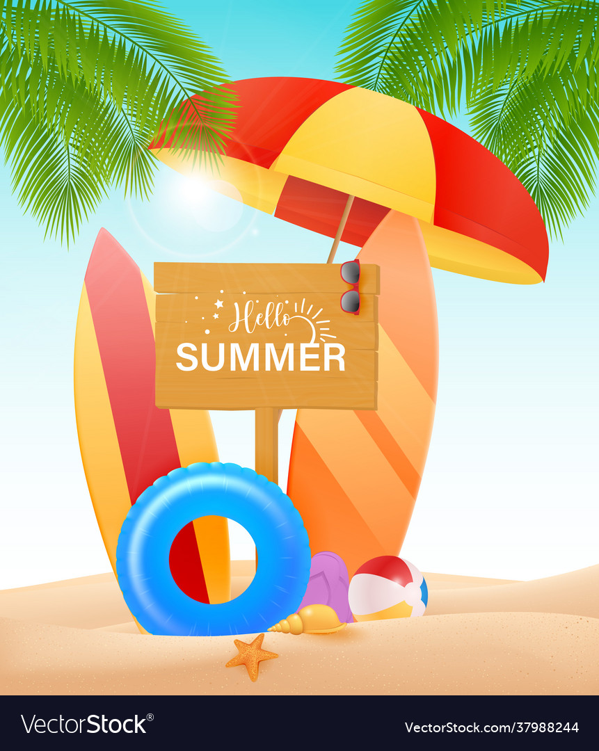 Hello summer design concept wooden sign Royalty Free Vector