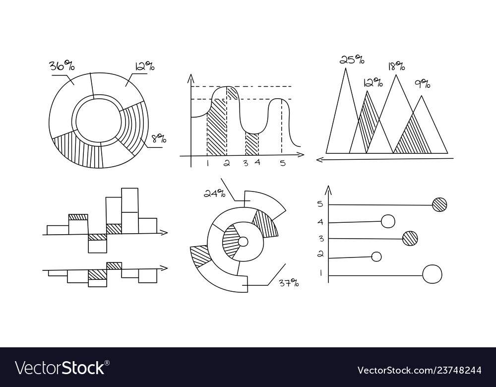 Pie bar chart diagram and graph set monochrome vector image Pie bar chart diagram and graph set monochrome