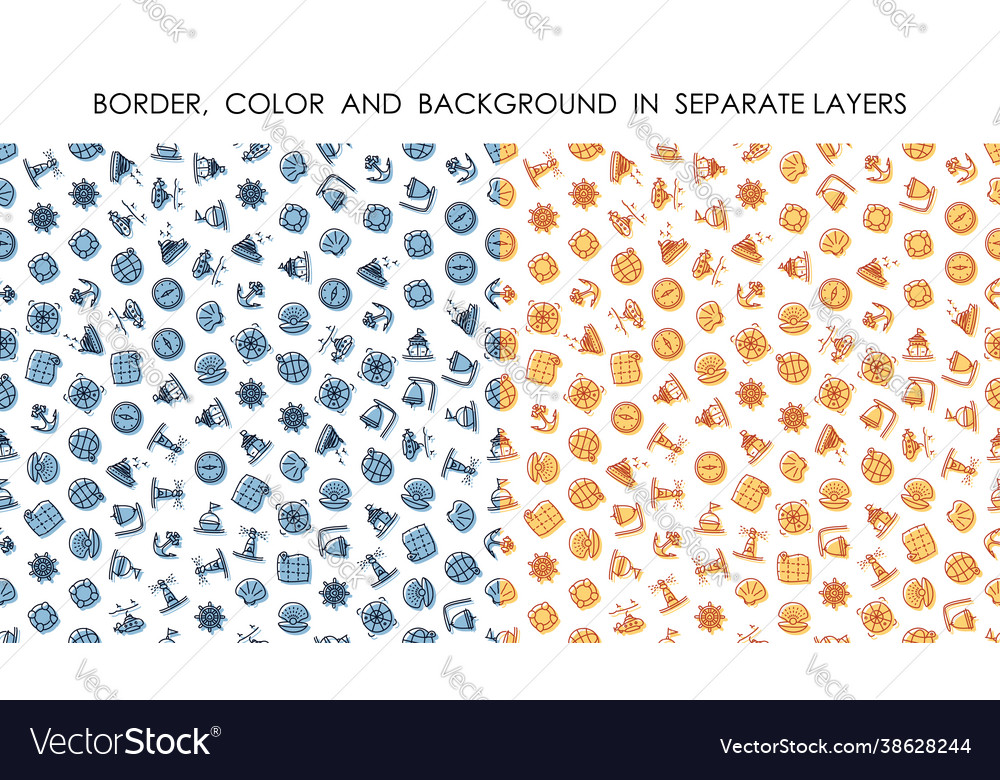Set seamless patterns with linear icons sea