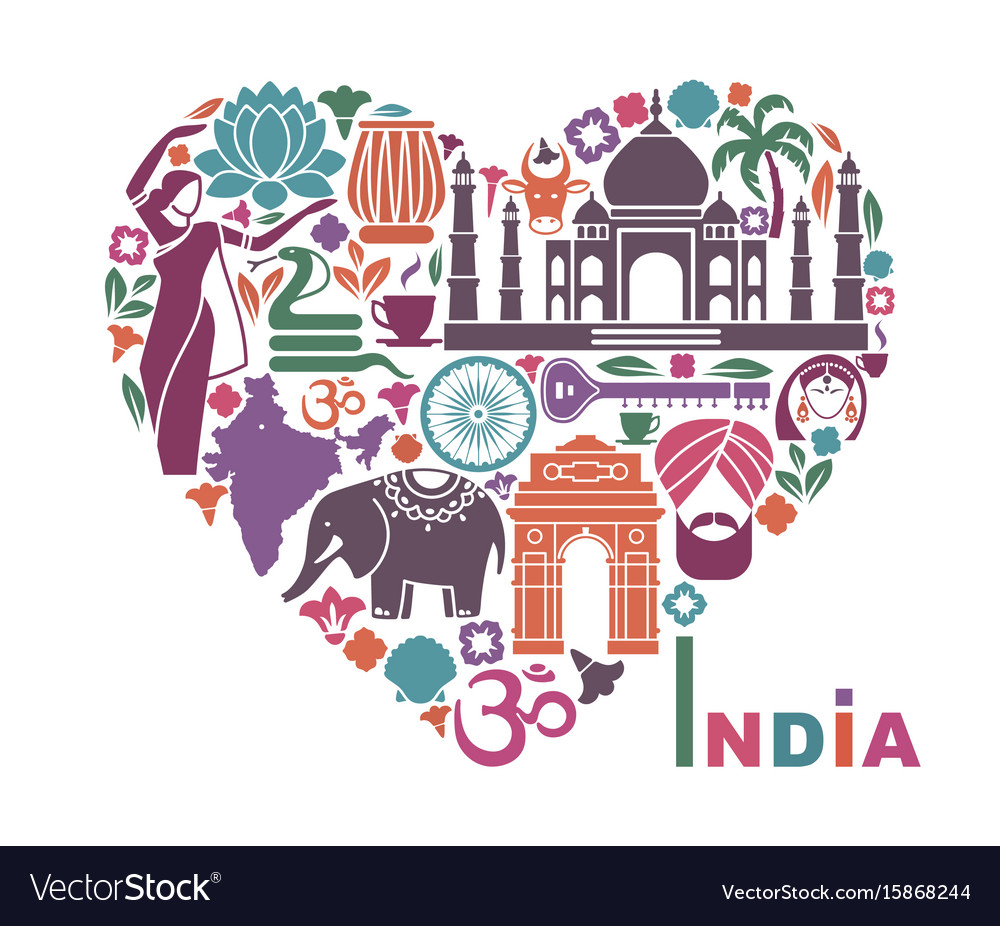 Symbols of india in the form of heart Royalty Free Vector