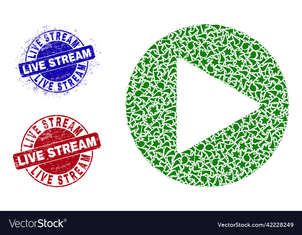 Play button mosaic of shards with live stream vector image Play button mosaic of shards with live stream