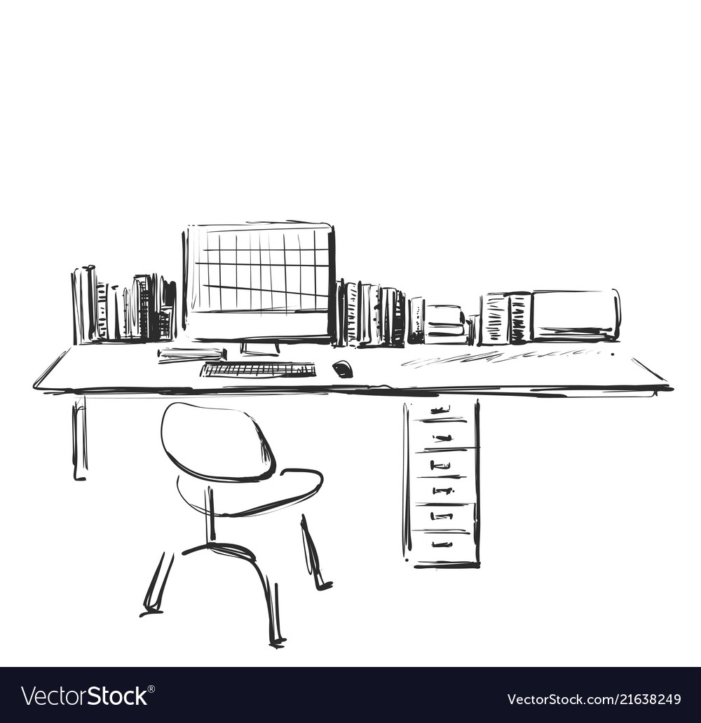 Table with a computer or workplace drawn by hand