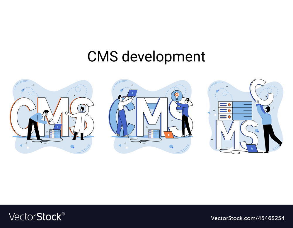 Cms development process concept work with content vector image Cms development process concept work with content