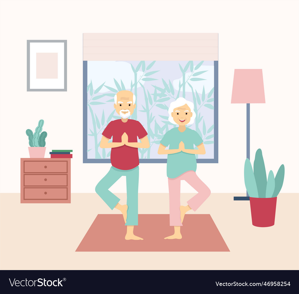 Senior adult couple doing yoga at home old