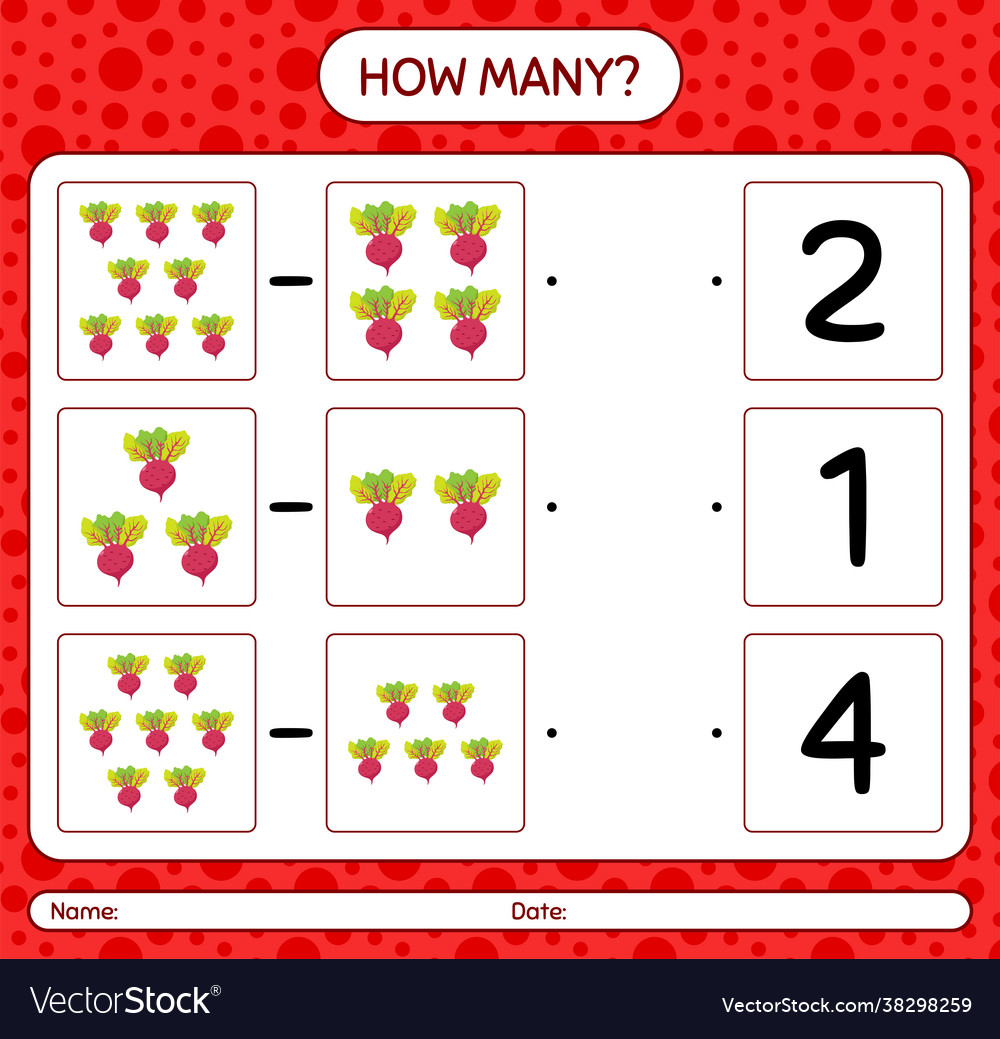How many counting game with beet root worksheet vector image How many counting game with beet root worksheet