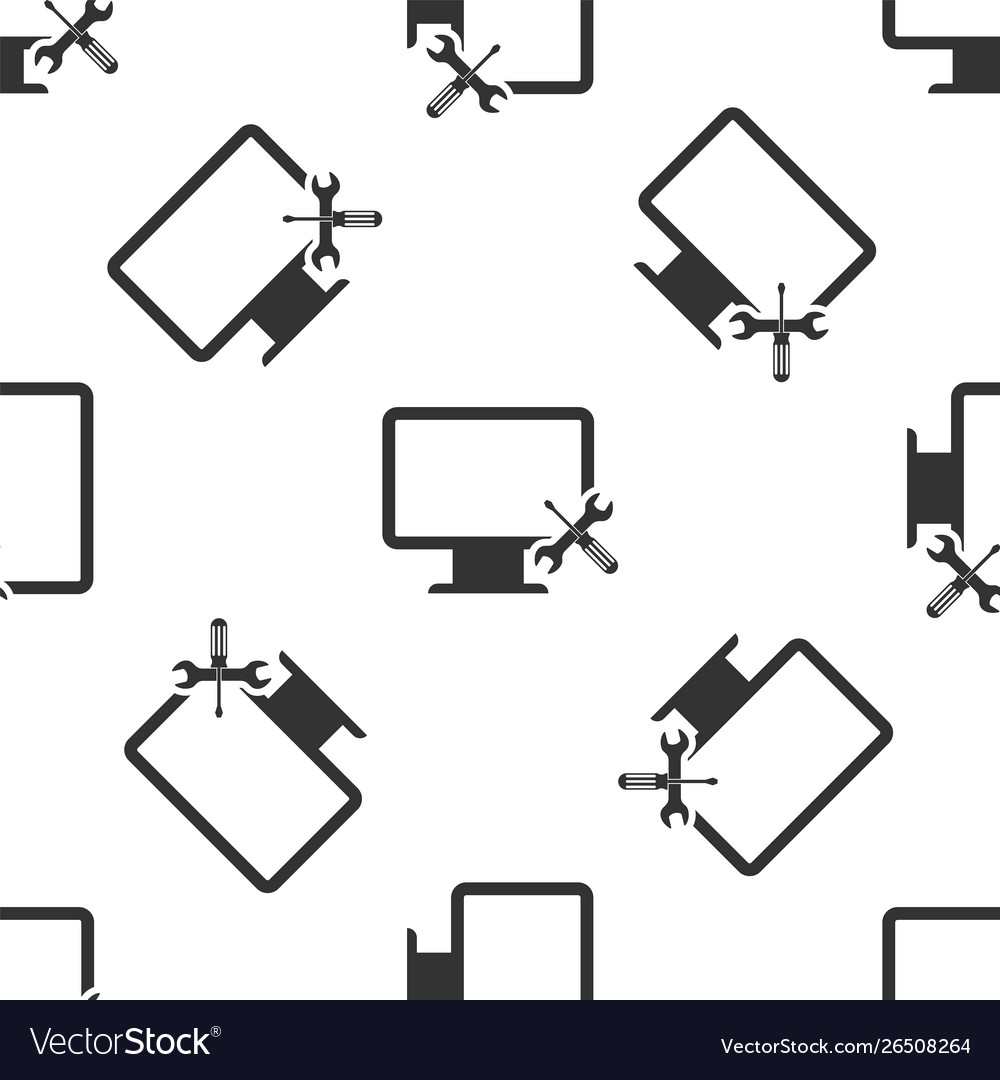 Grey computer monitor with screwdriver and wrench vector image Grey computer monitor with screwdriver and wrench