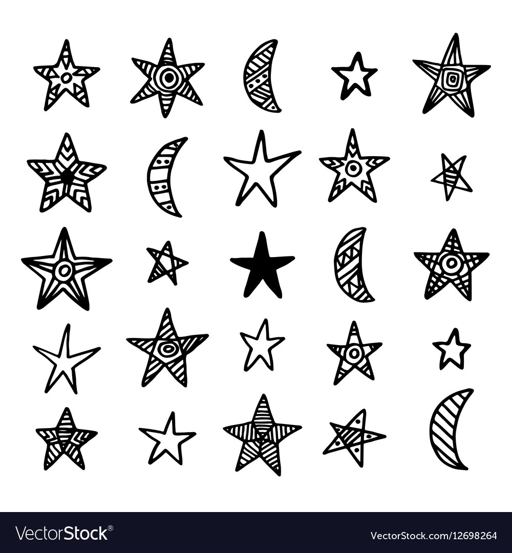 Hand drawn star and moon doodles collection