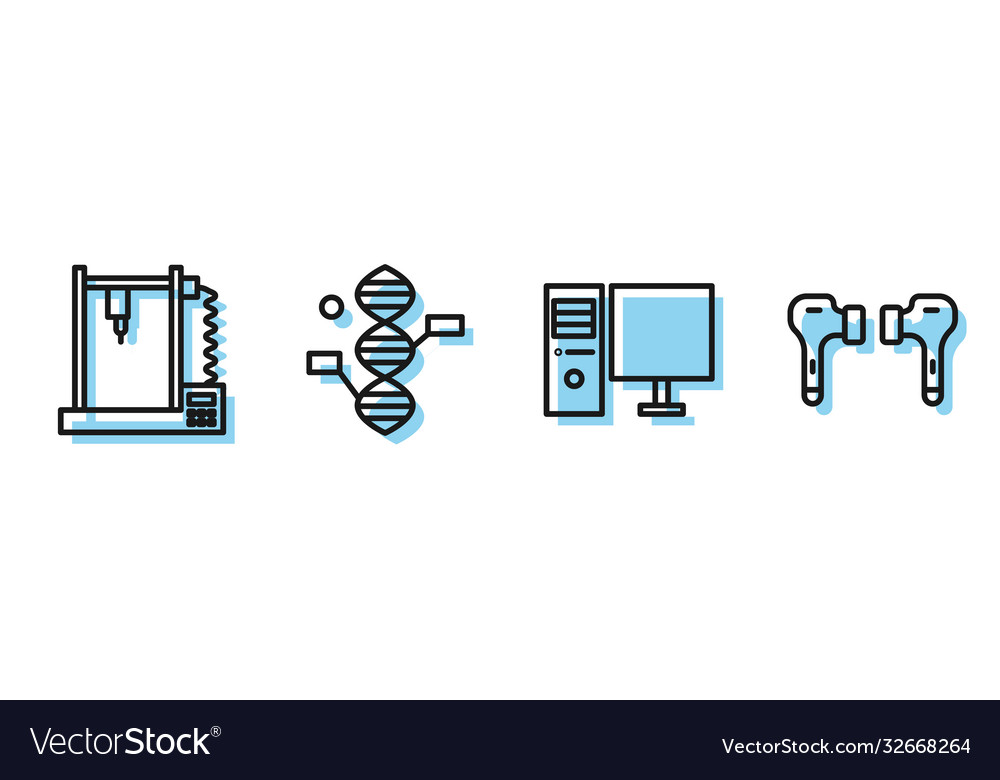 Set line computer monitor 3d printer dna symbol vector image Set line computer monitor 3d printer dna symbol