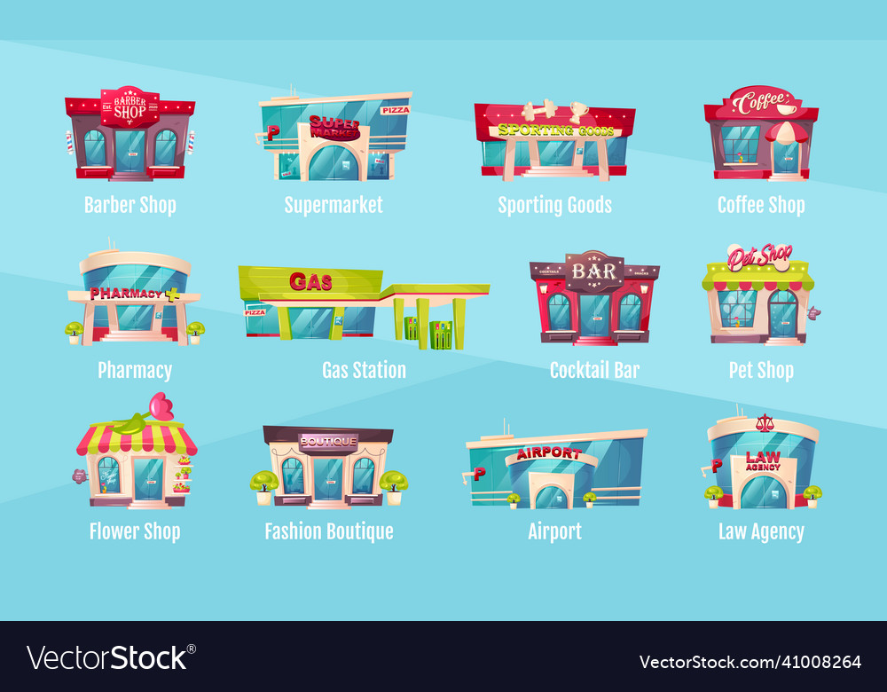 Shop front flat color objects set barber salon