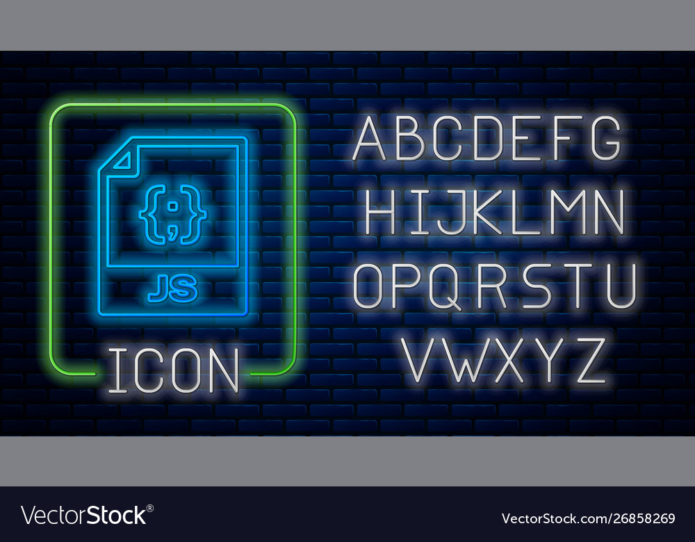 Glowing neon js file document download button vector image Glowing neon js file document download button