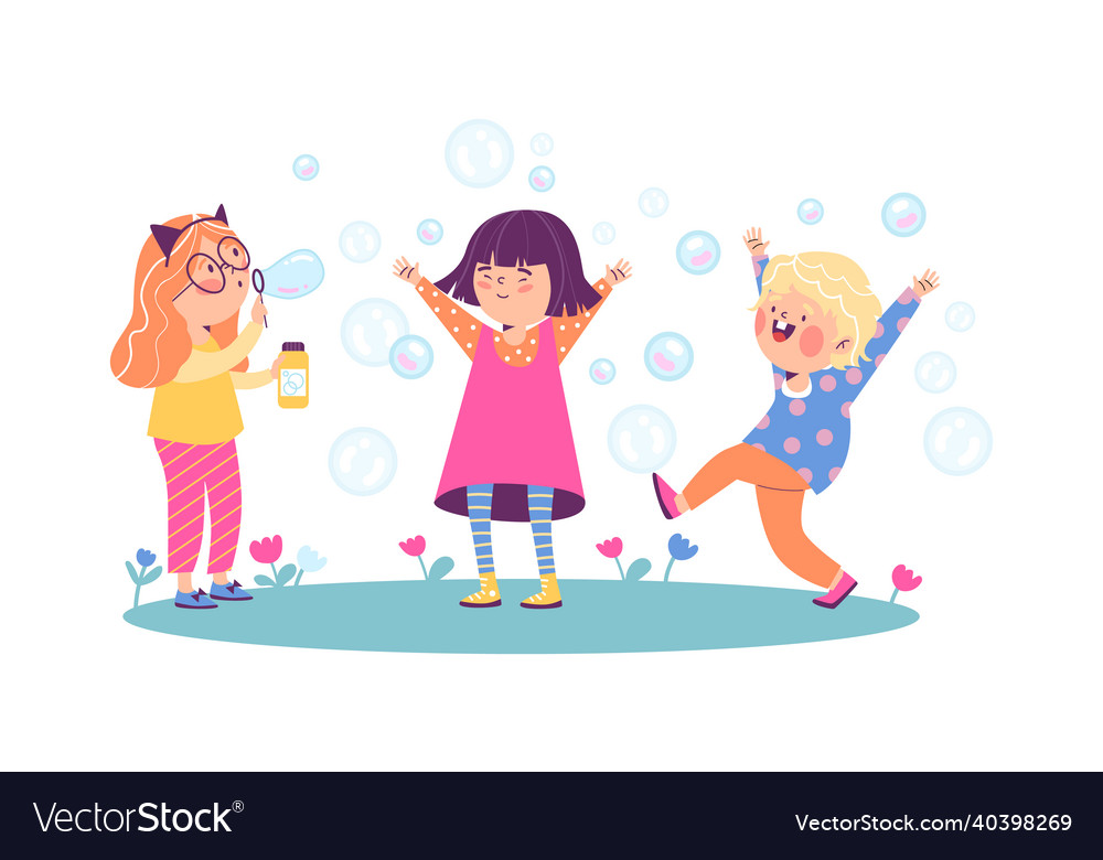 Group of joyful children blowing soap bubbles flat