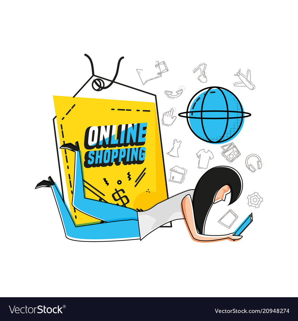 Character woman with shopping online icons