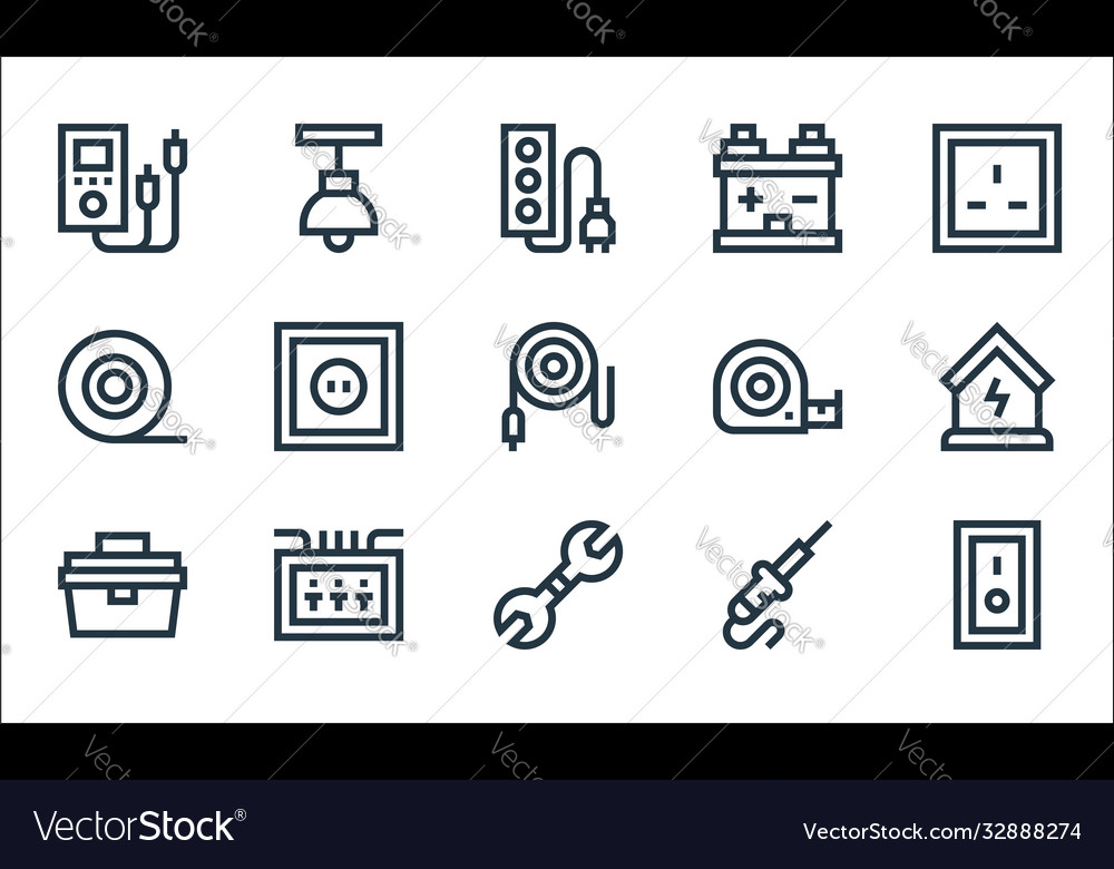 Electrician tools and line icons linear set vector image Electrician tools and line icons linear set