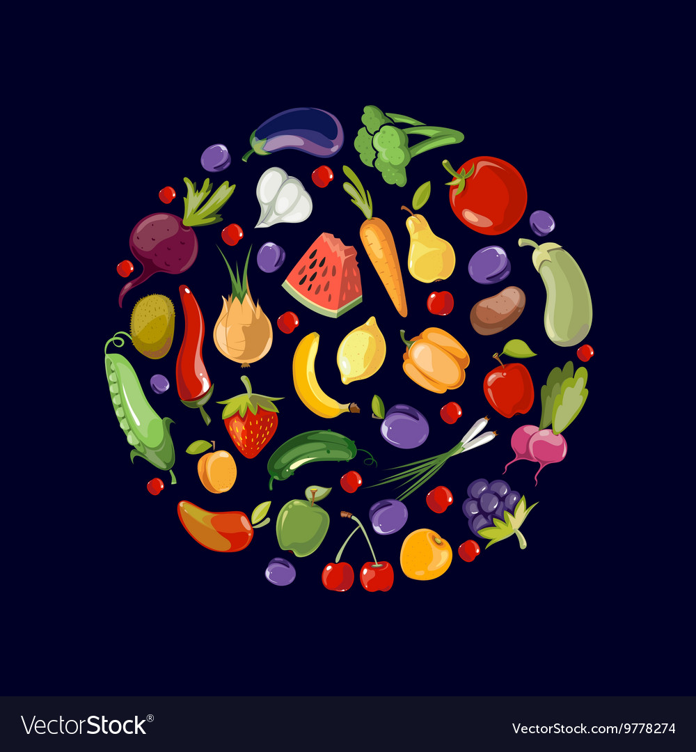 Fruits and vegetables organic food icons in circle