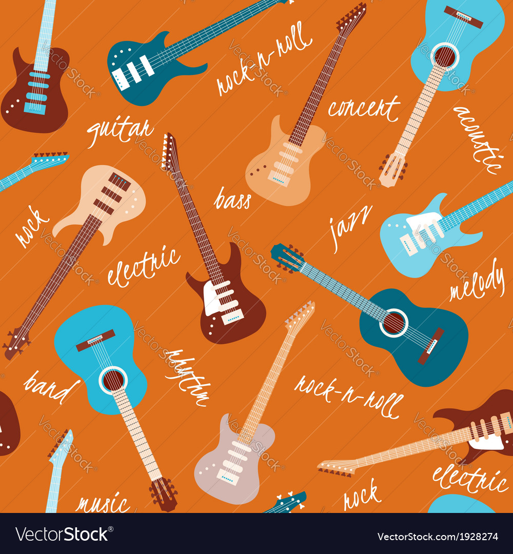 Seamless pattern with guitars and text