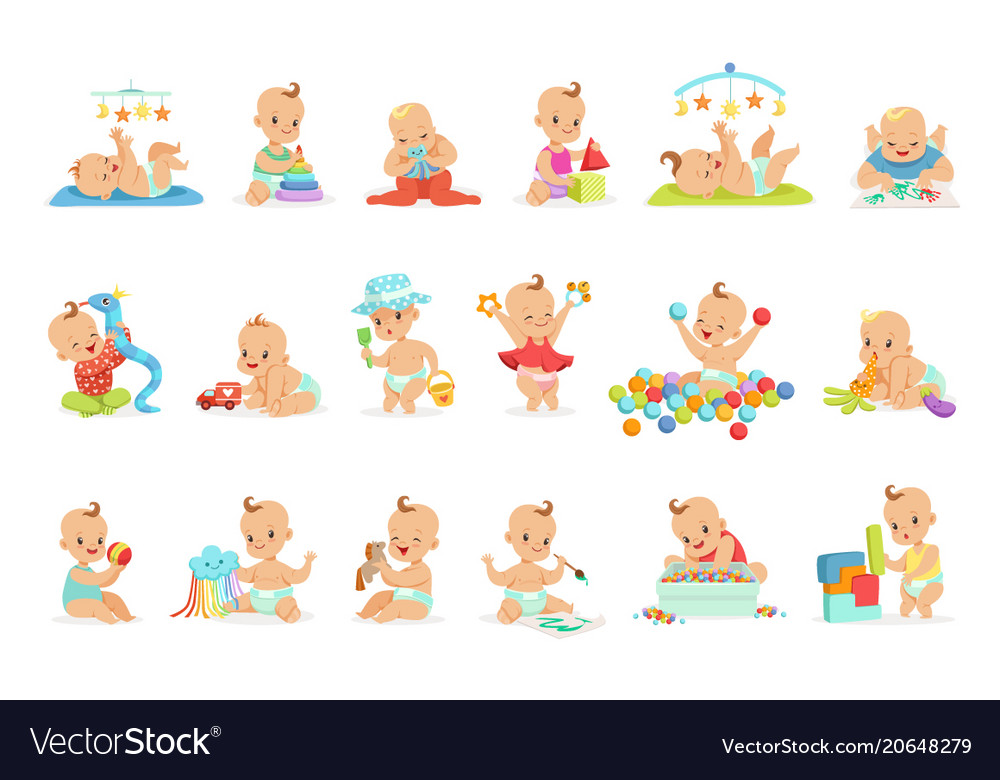 Adorable Girly Cartoon Babies Playing With Their Vector Image