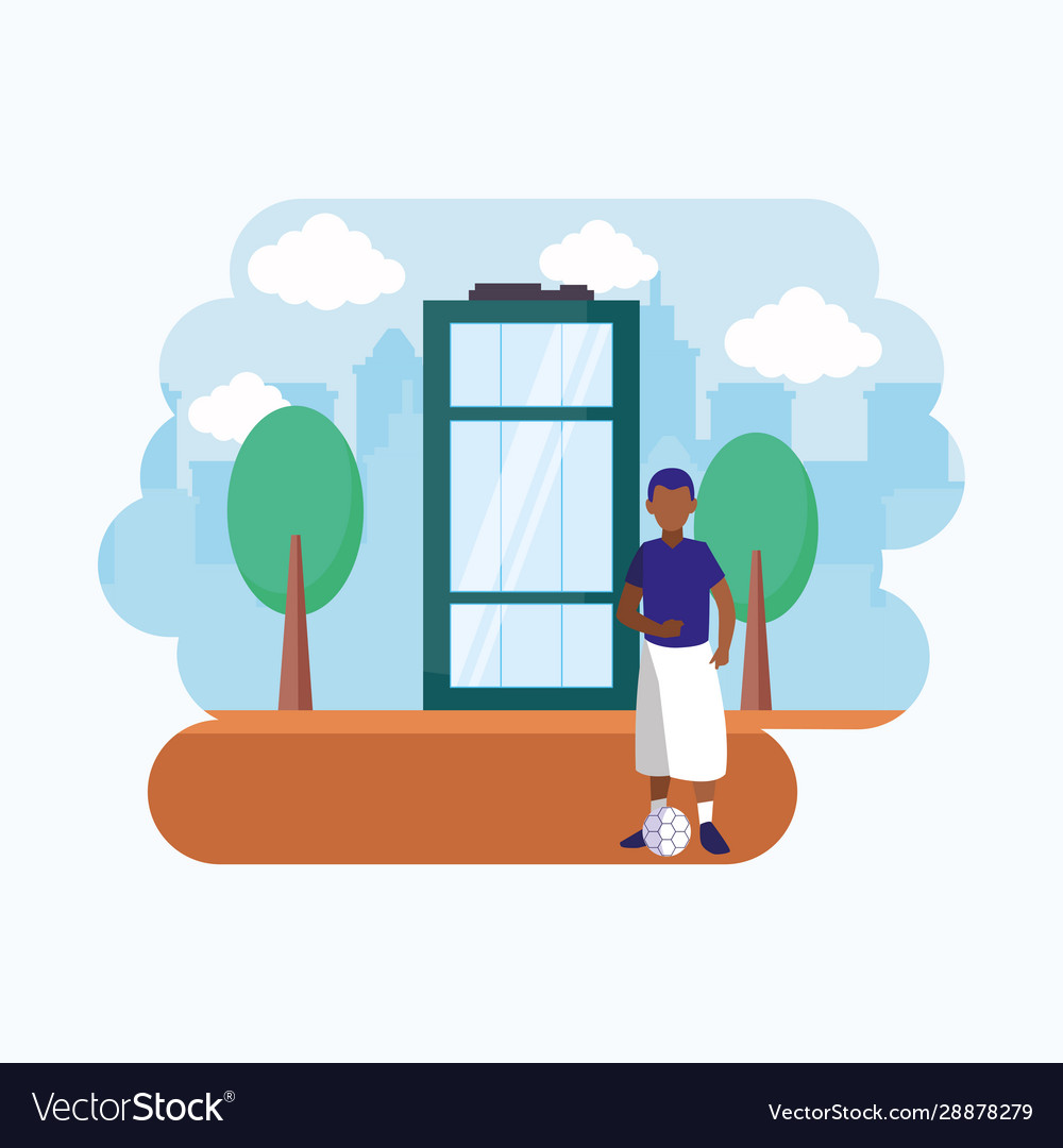 Avatar man with ball in front a building
