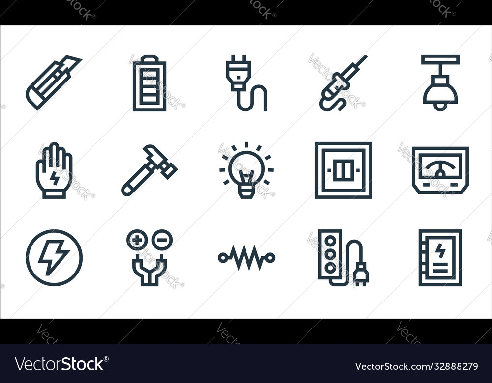 Electrician tools and line icons linear set vector image Electrician tools and line icons linear set