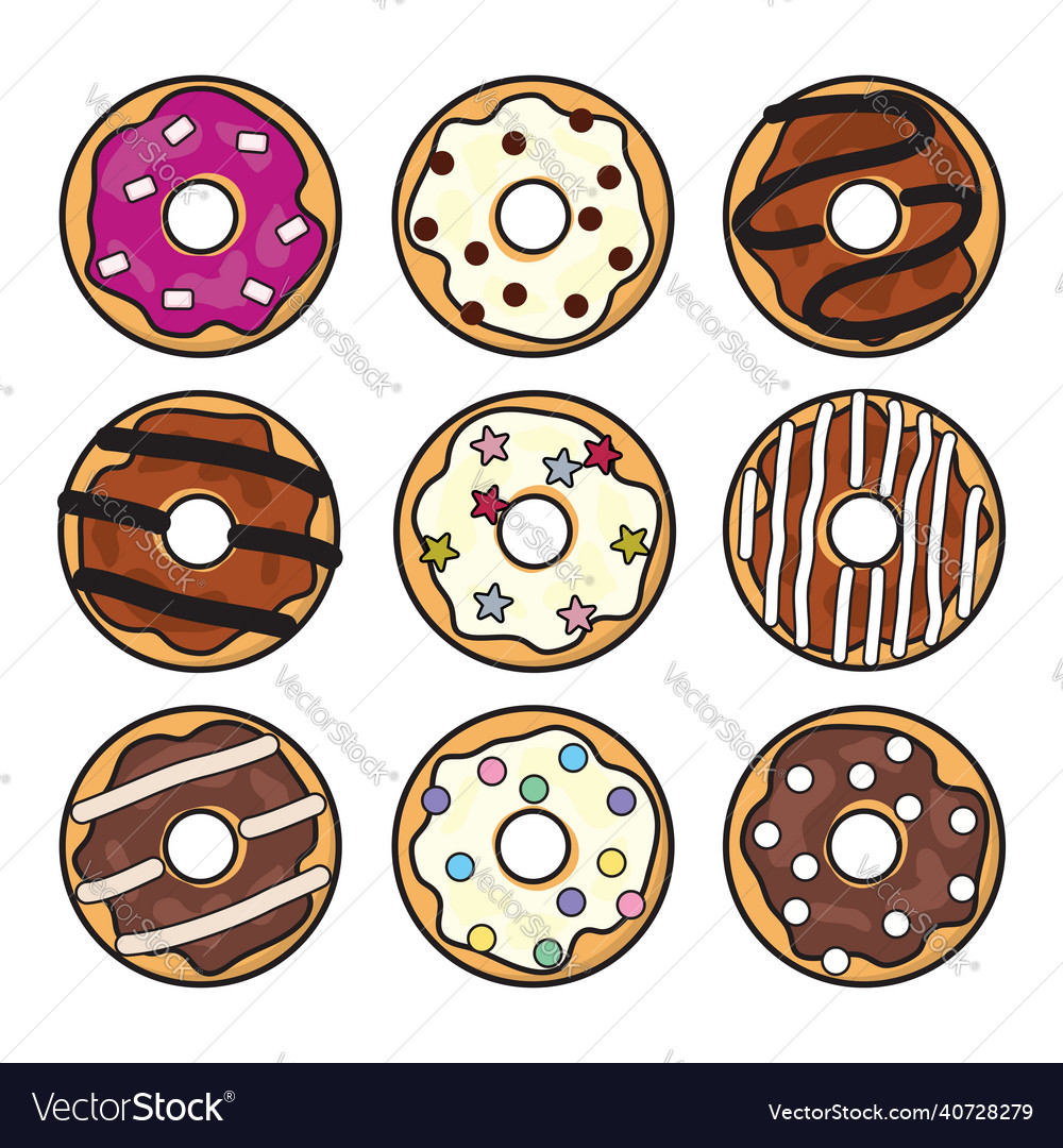 Flat style icons of glazed colorful donuts vector image Flat style icons of glazed colorful donuts