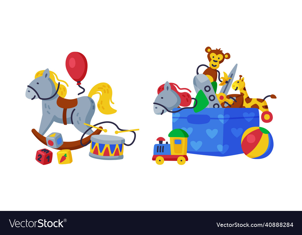 Kids toy box with rocking horse and drum Vector Image