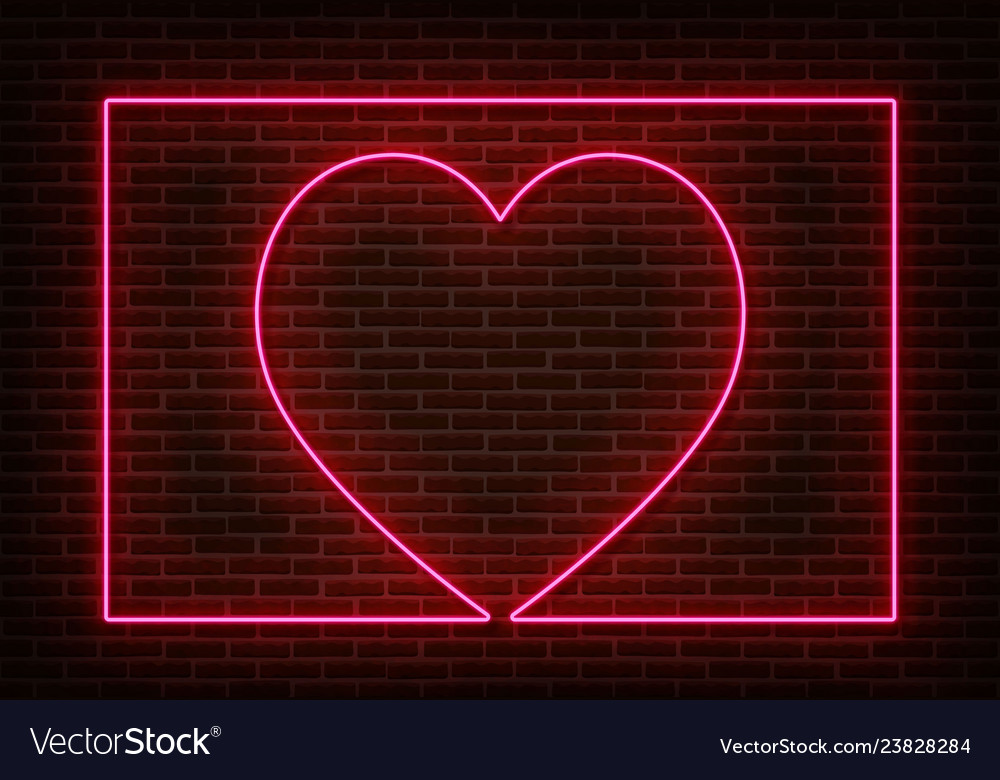 Neon heart sign with frame isolated on bric