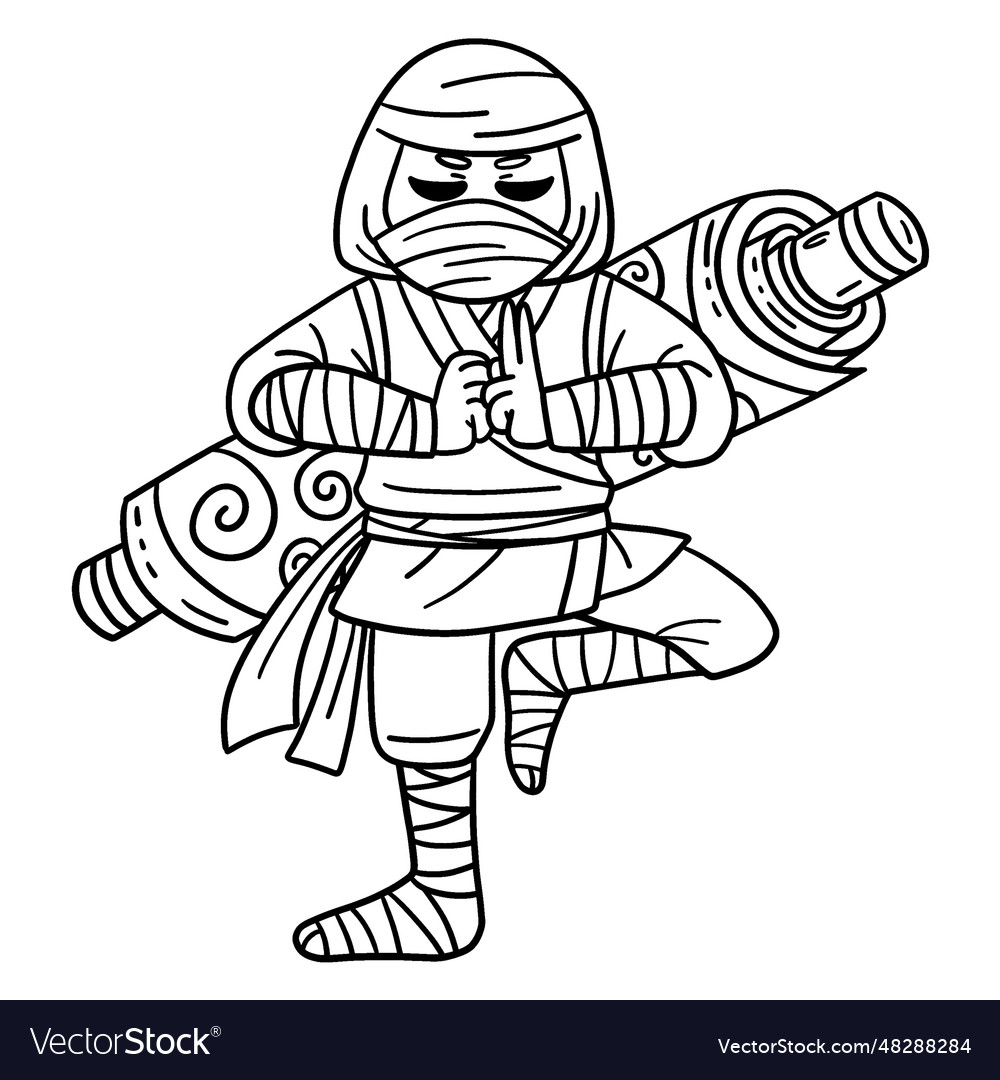 Ninja with a scroll on back isolated coloring page