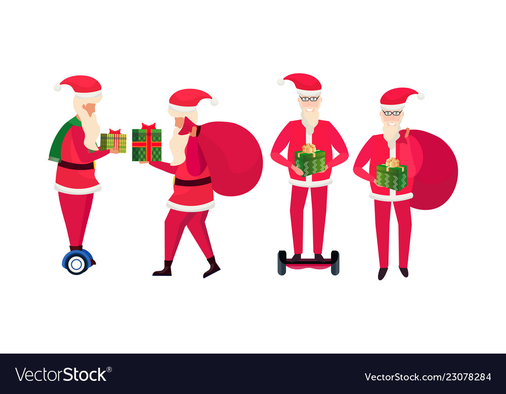 Santa claus different poses ride electric scooter Vector Image