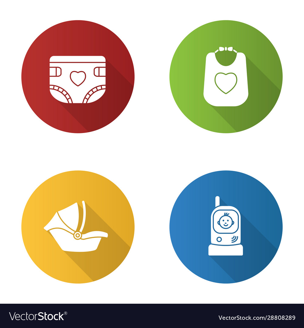 Childcare flat design long shadow glyph icons set