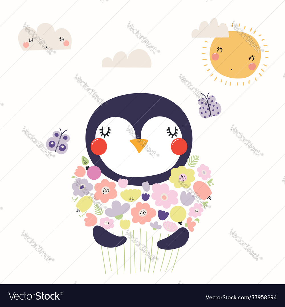 Cute penguin with flowers