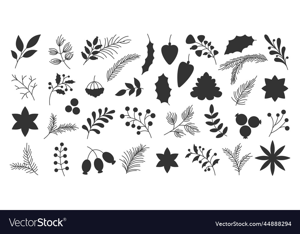 Winter branch leaf plant black silhouette set vector image Winter branch leaf plant black silhouette set