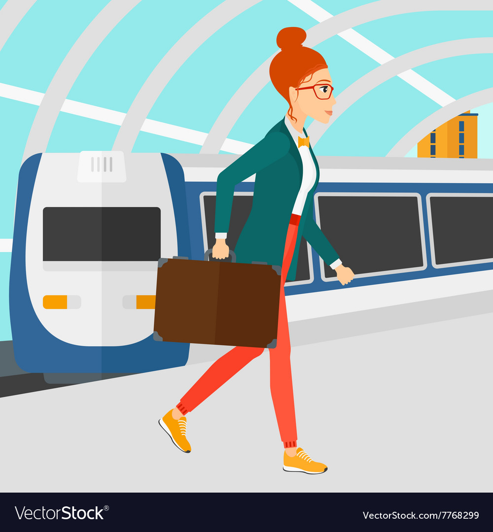 Woman going out of train Royalty Free Vector Image