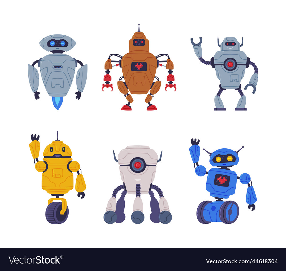 Cute friendly robots set cyborgs on wheels Vector Image