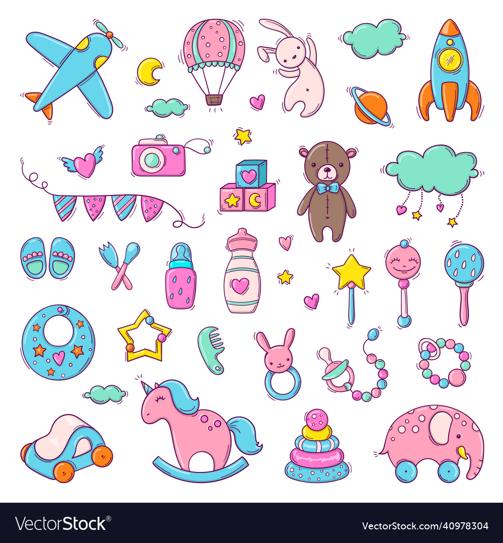 Set of hand drawn colorful baby toys in doodle Vector Image