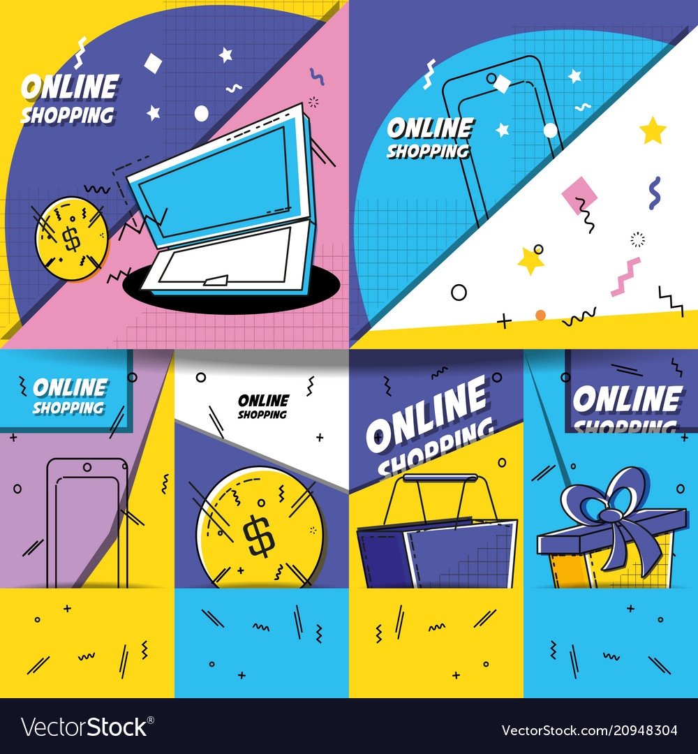 Shopping online pop art set icons