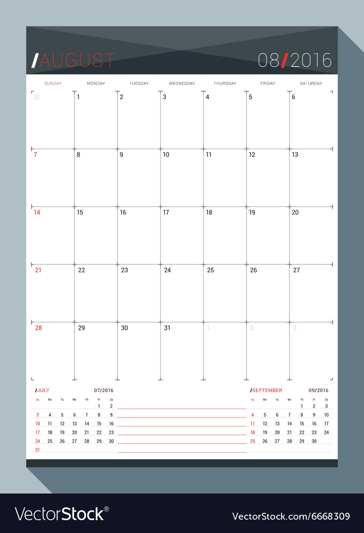 august 2016 design print template monthly calendar